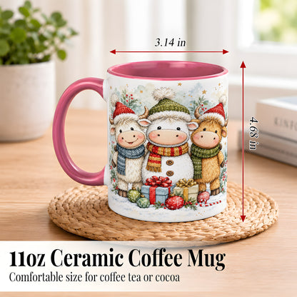 #pl[11oz|Pink] Watercolor Highland Cow Coffee Mug, Christmas Cow Mug, Ceramic Cup