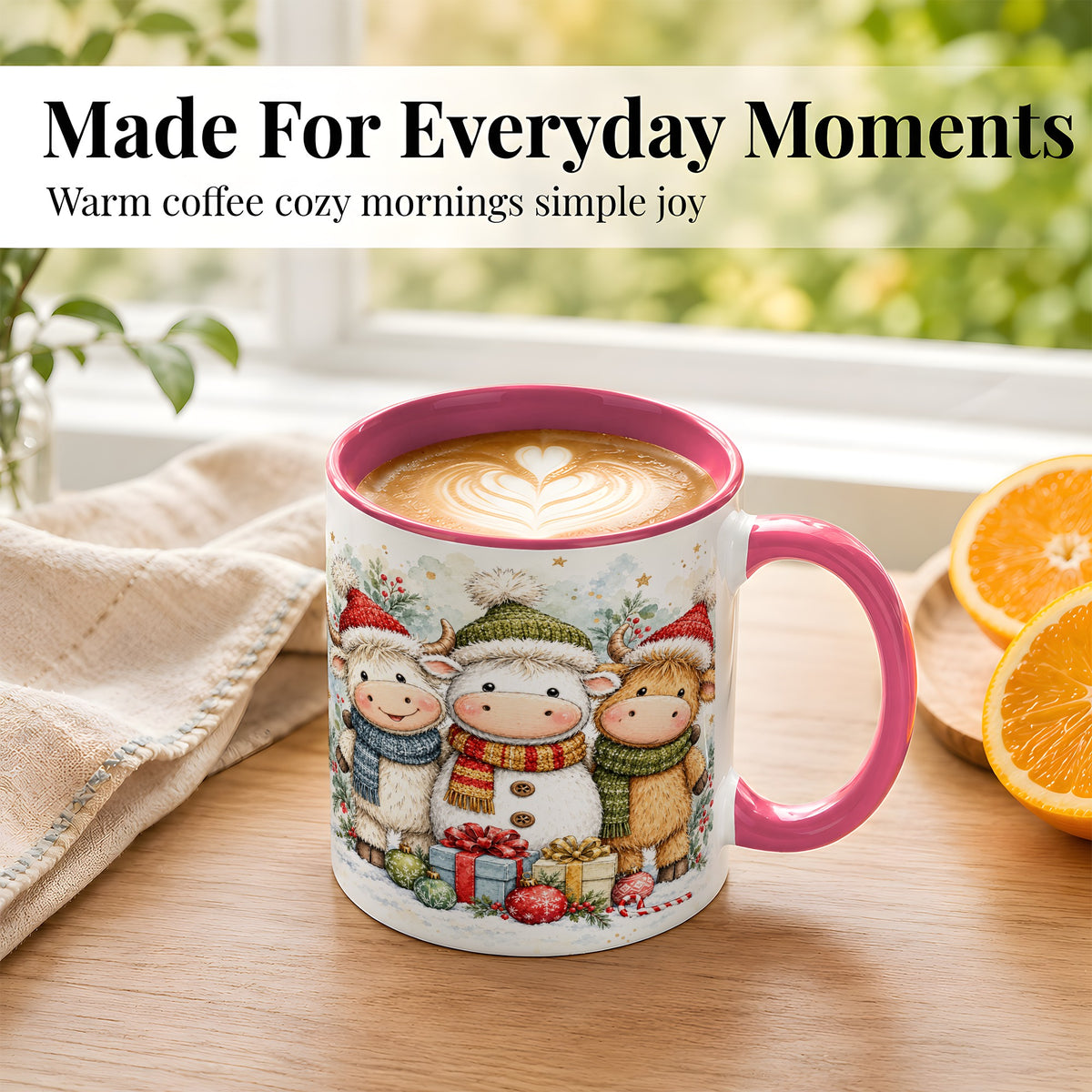 #pl[11oz|Pink] Watercolor Highland Cow Coffee Mug, Christmas Cow Mug, Ceramic Cup