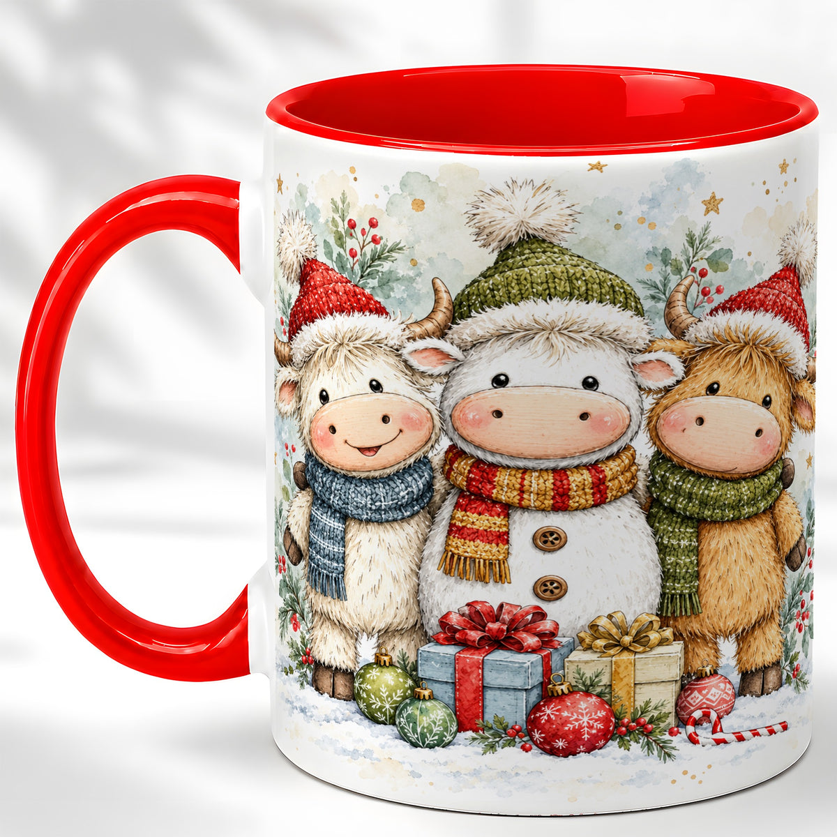 #pl[11oz|Red] Watercolor Highland Cow Coffee Mug, Christmas Cow Mug, Ceramic Cup