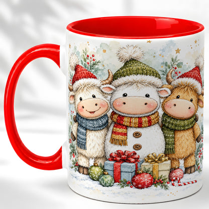 #pl[11oz|Red] Watercolor Highland Cow Coffee Mug, Christmas Cow Mug, Ceramic Cup