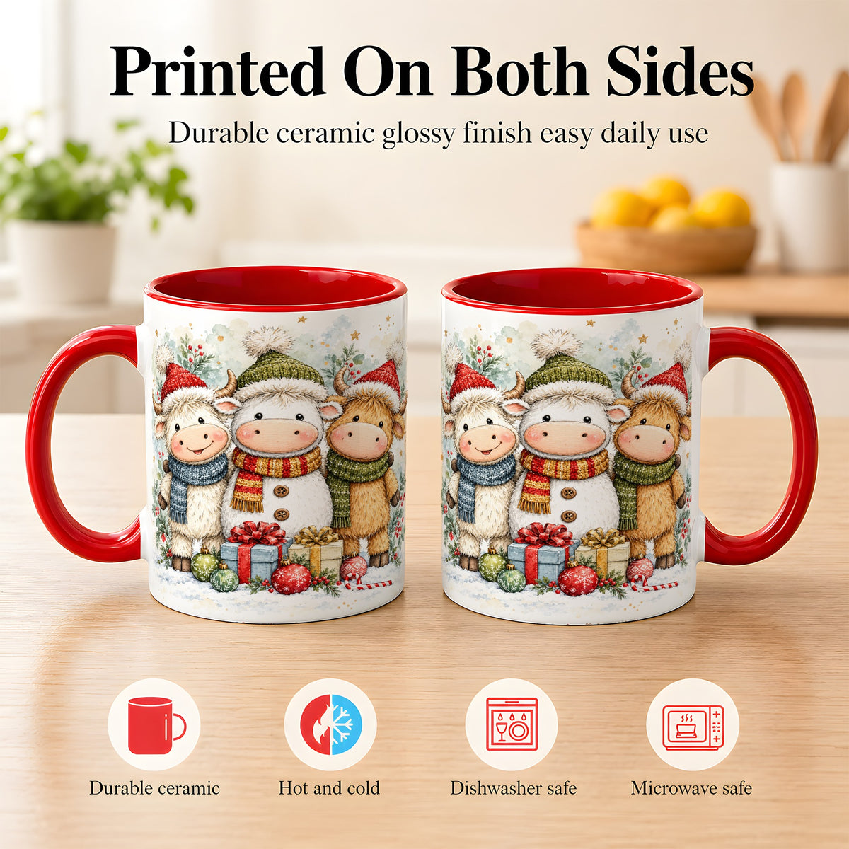#pl[11oz|Red] Watercolor Highland Cow Coffee Mug, Christmas Cow Mug, Ceramic Cup