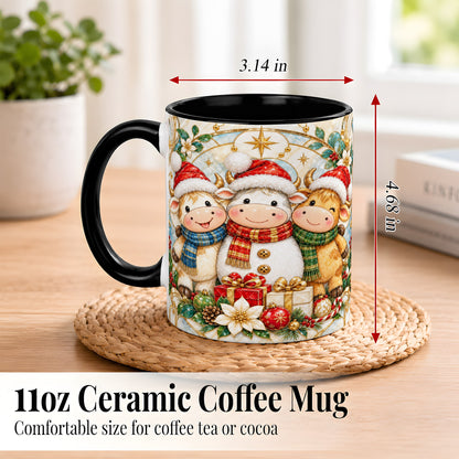 #pl[11oz|Black] Festive Highland Cow Trio Coffee Mug, Christmas Cow Mug, Ceramic Cup