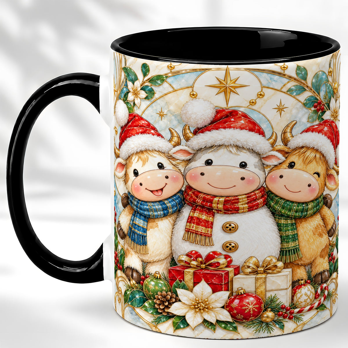 #pl[11oz|Black] Festive Highland Cow Trio Coffee Mug, Christmas Cow Mug, Ceramic Cup