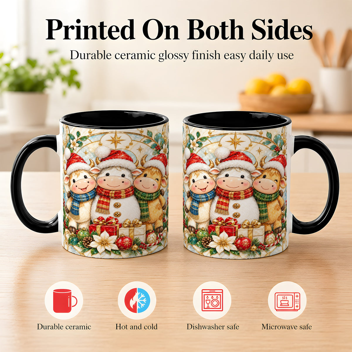 #pl[11oz|Black] Festive Highland Cow Trio Coffee Mug, Christmas Cow Mug, Ceramic Cup