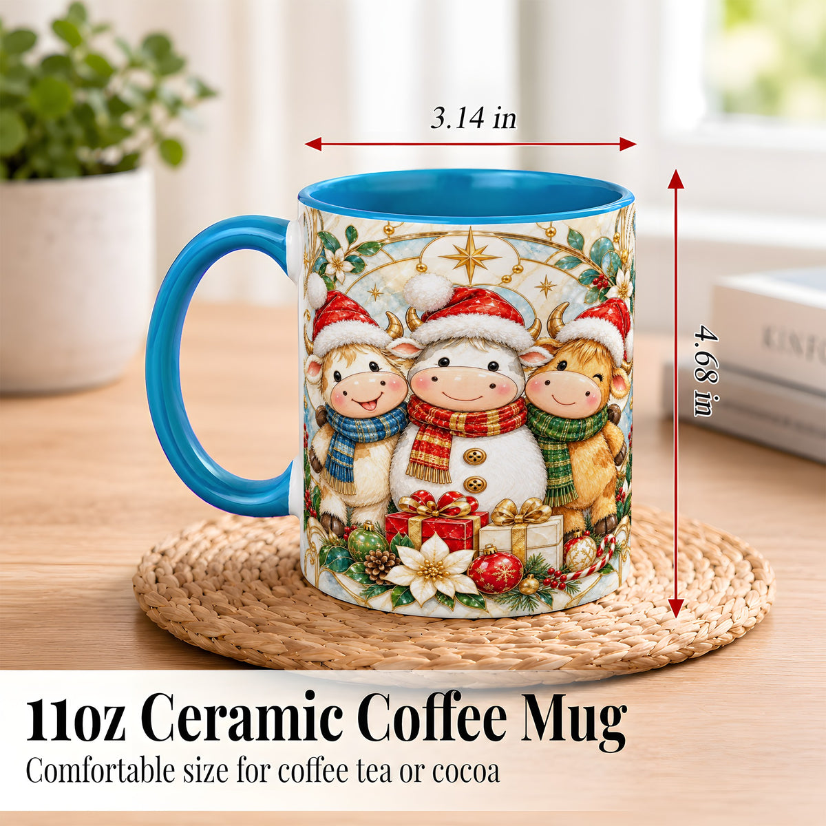 #pl[11oz|Blue] Festive Highland Cow Trio Coffee Mug, Christmas Cow Mug, Ceramic Cup