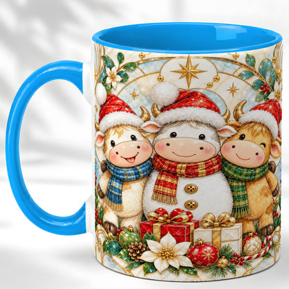 #pl[11oz|Blue] Festive Highland Cow Trio Coffee Mug, Christmas Cow Mug, Ceramic Cup
