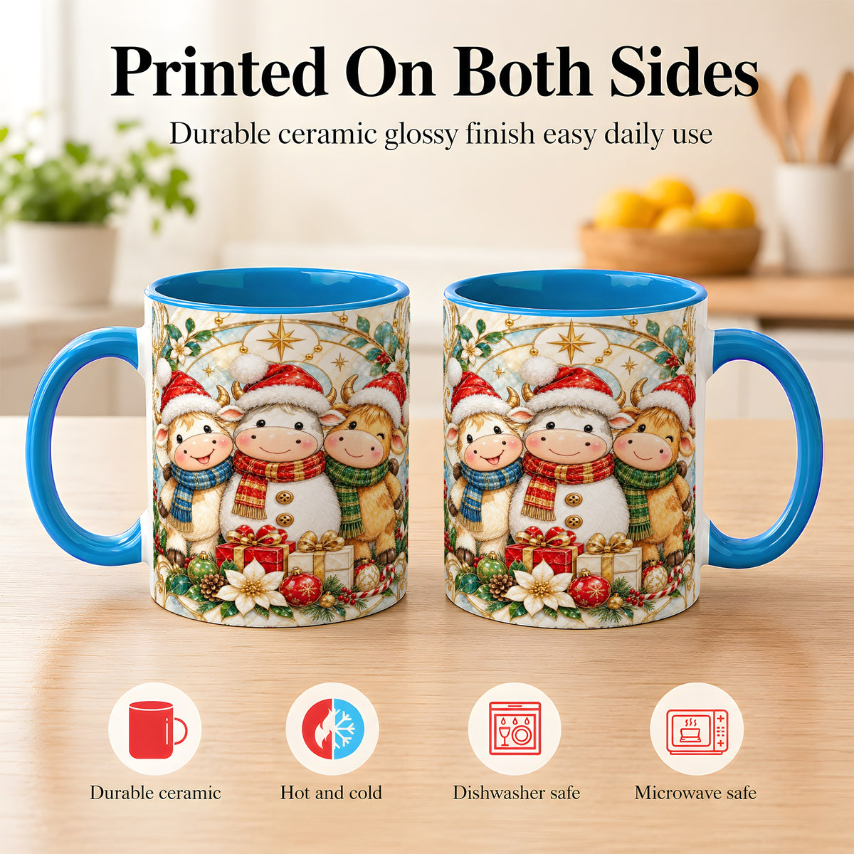 #pl[11oz|Blue] Festive Highland Cow Trio Coffee Mug, Christmas Cow Mug, Ceramic Cup
