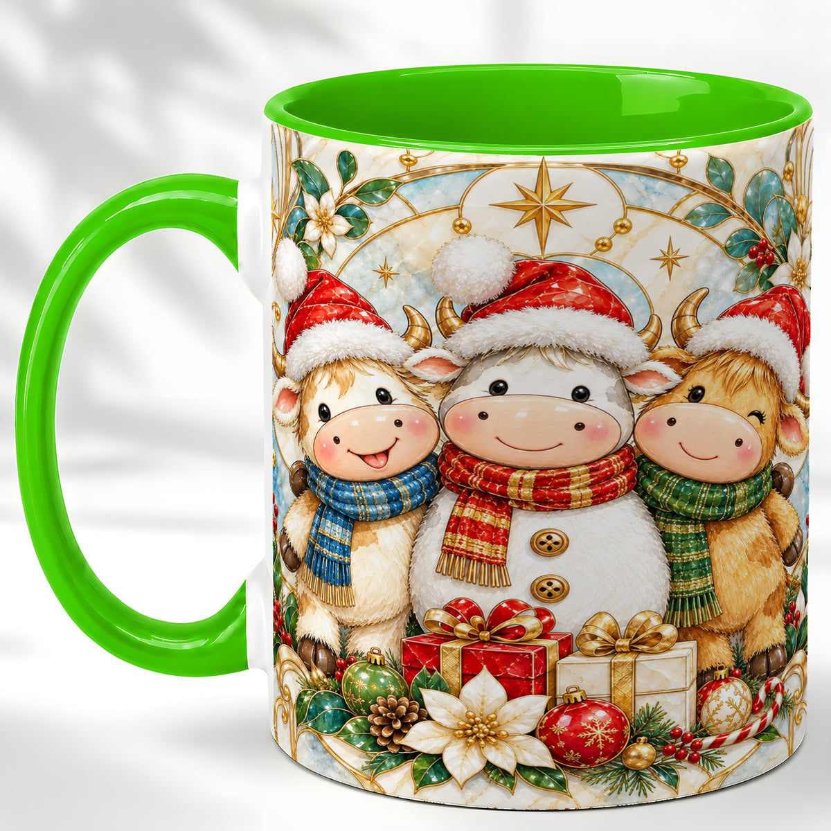 #pl[11oz|Green] Festive Highland Cow Trio Coffee Mug, Christmas Cow Mug, Ceramic Cup