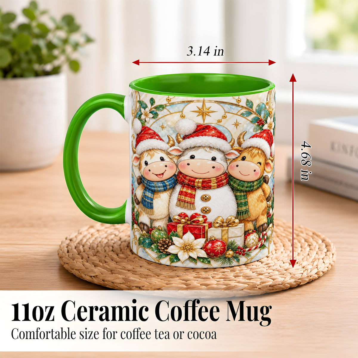 #pl[11oz|Green] Festive Highland Cow Trio Coffee Mug, Christmas Cow Mug, Ceramic Cup