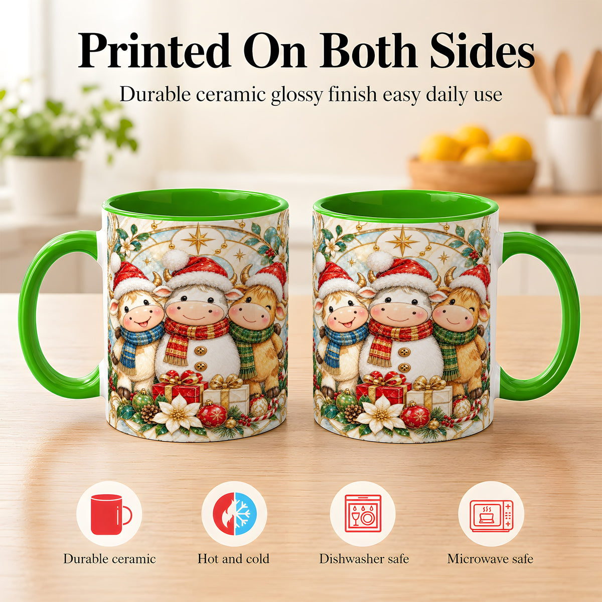 #pl[11oz|Green] Festive Highland Cow Trio Coffee Mug, Christmas Cow Mug, Ceramic Cup
