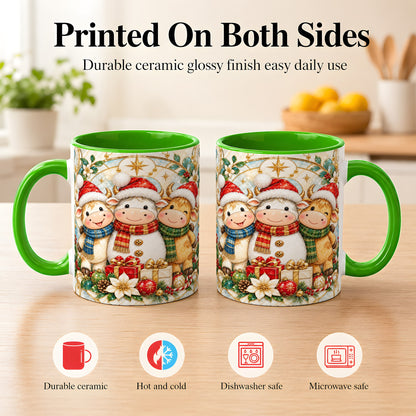 #pl[11oz|Green] Festive Highland Cow Trio Coffee Mug, Christmas Cow Mug, Ceramic Cup