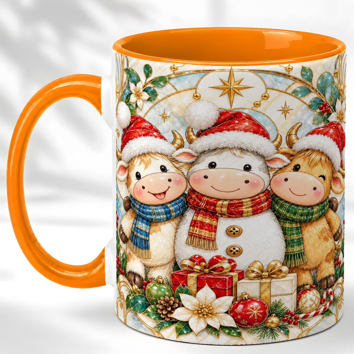 #pl[11oz|Orange] Festive Highland Cow Trio Coffee Mug, Christmas Cow Mug, Ceramic Cup