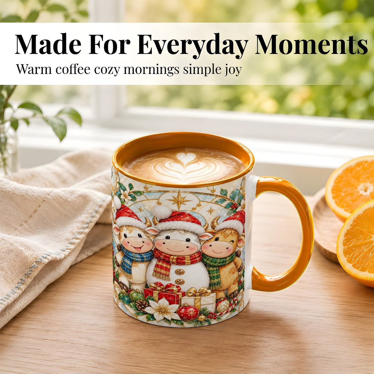 #pl[11oz|Orange] Festive Highland Cow Trio Coffee Mug, Christmas Cow Mug, Ceramic Cup