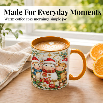#pl[11oz|Orange] Festive Highland Cow Trio Coffee Mug, Christmas Cow Mug, Ceramic Cup
