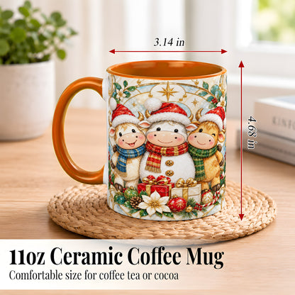 #pl[11oz|Orange] Festive Highland Cow Trio Coffee Mug, Christmas Cow Mug, Ceramic Cup