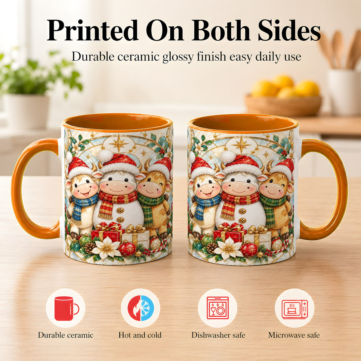 #pl[11oz|Orange] Festive Highland Cow Trio Coffee Mug, Christmas Cow Mug, Ceramic Cup