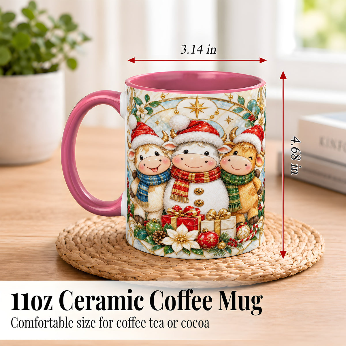 #pl[11oz|Pink] Festive Highland Cow Trio Coffee Mug, Christmas Cow Mug, Ceramic Cup