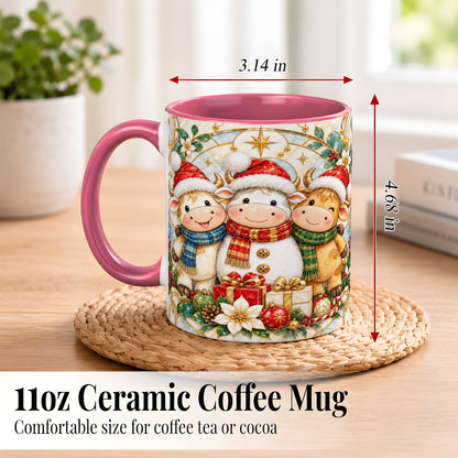 #pl[11oz|Pink] Festive Highland Cow Trio Coffee Mug, Christmas Cow Mug, Ceramic Cup