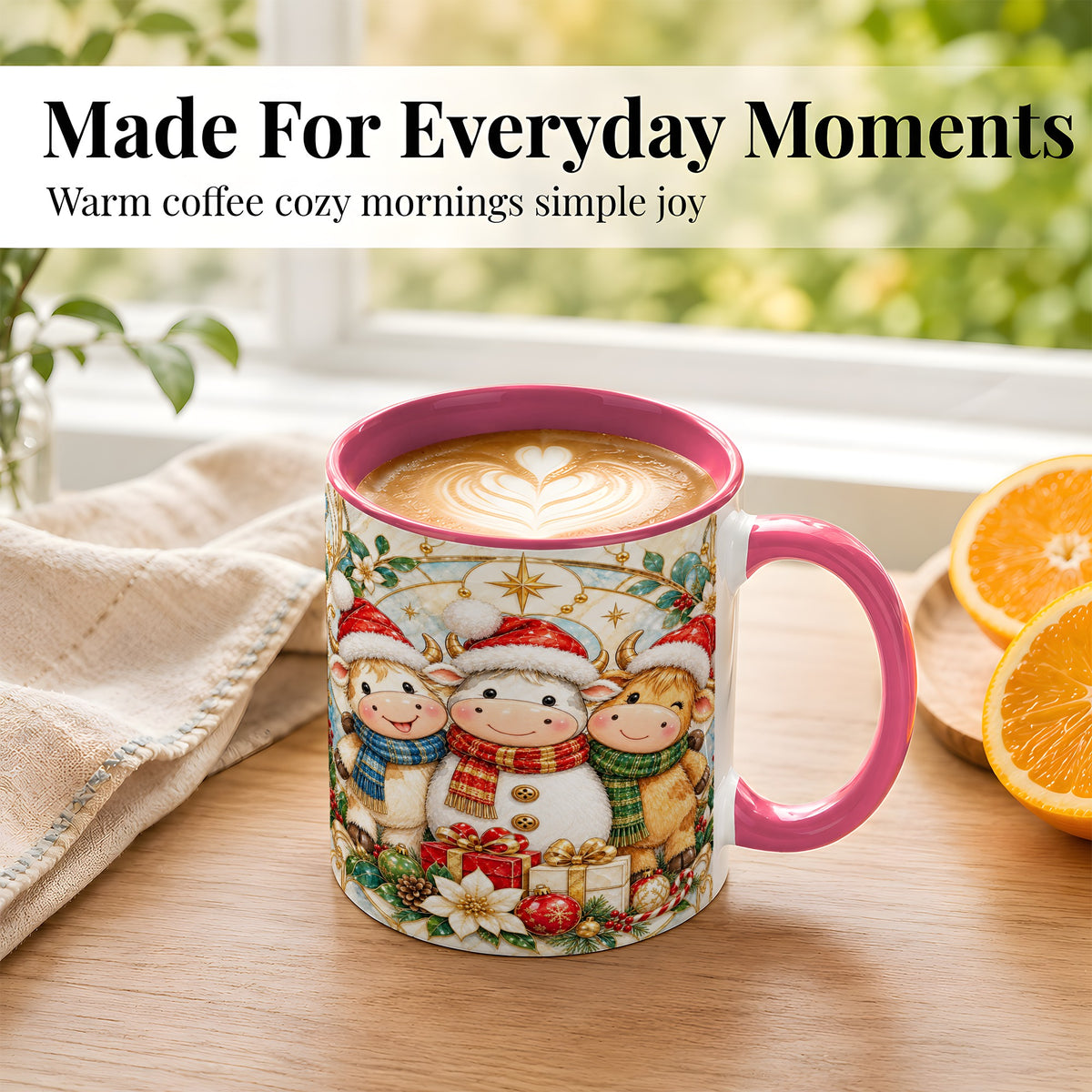 #pl[11oz|Pink] Festive Highland Cow Trio Coffee Mug, Christmas Cow Mug, Ceramic Cup