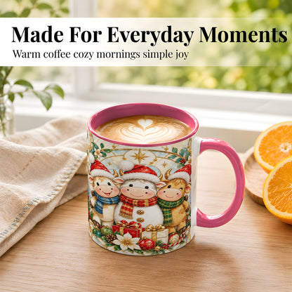 #pl[11oz|Pink] Festive Highland Cow Trio Coffee Mug, Christmas Cow Mug, Ceramic Cup