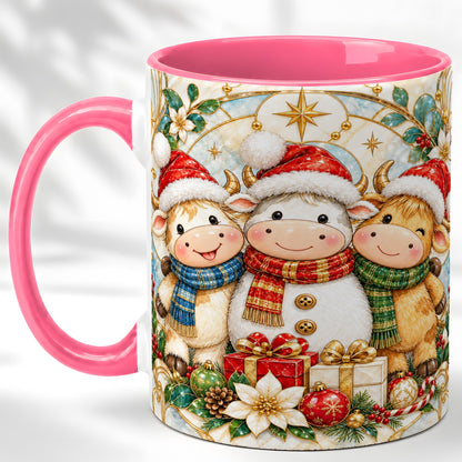 #pl[11oz|Pink] Festive Highland Cow Trio Coffee Mug, Christmas Cow Mug, Ceramic Cup