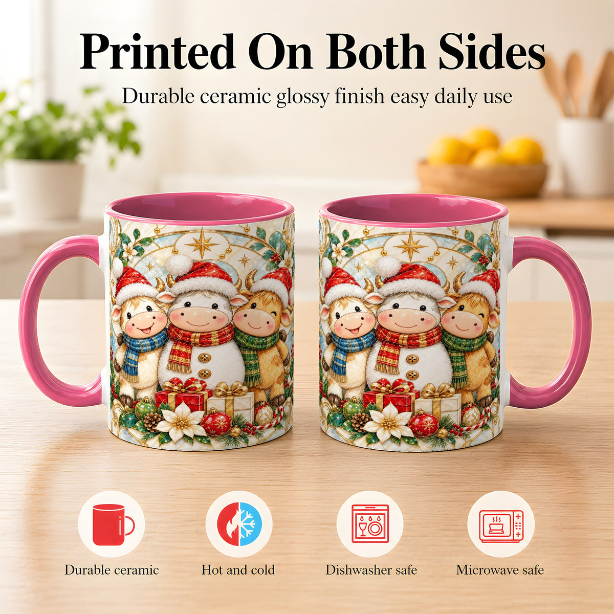 #pl[11oz|Pink] Festive Highland Cow Trio Coffee Mug, Christmas Cow Mug, Ceramic Cup