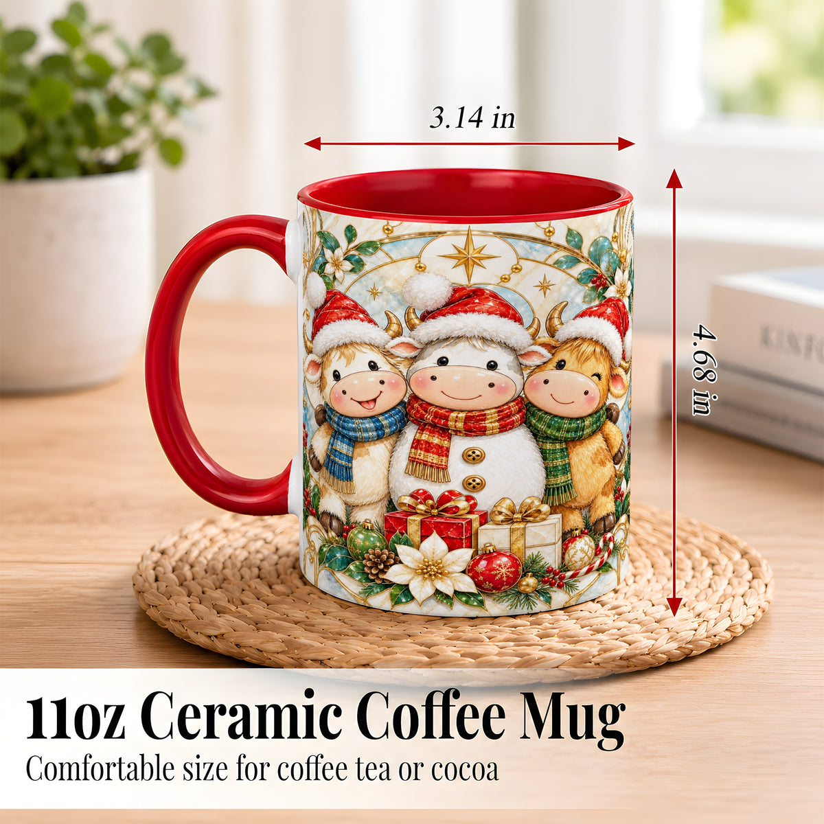 #pl[11oz|Red] Festive Highland Cow Trio Coffee Mug, Christmas Cow Mug, Ceramic Cup