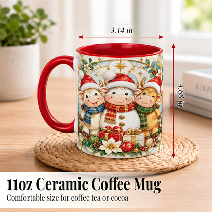 #pl[11oz|Red] Festive Highland Cow Trio Coffee Mug, Christmas Cow Mug, Ceramic Cup