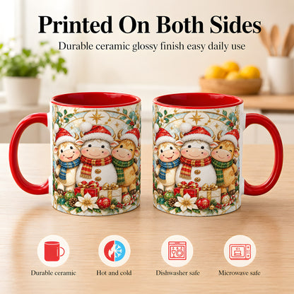#pl[11oz|Red] Festive Highland Cow Trio Coffee Mug, Christmas Cow Mug, Ceramic Cup
