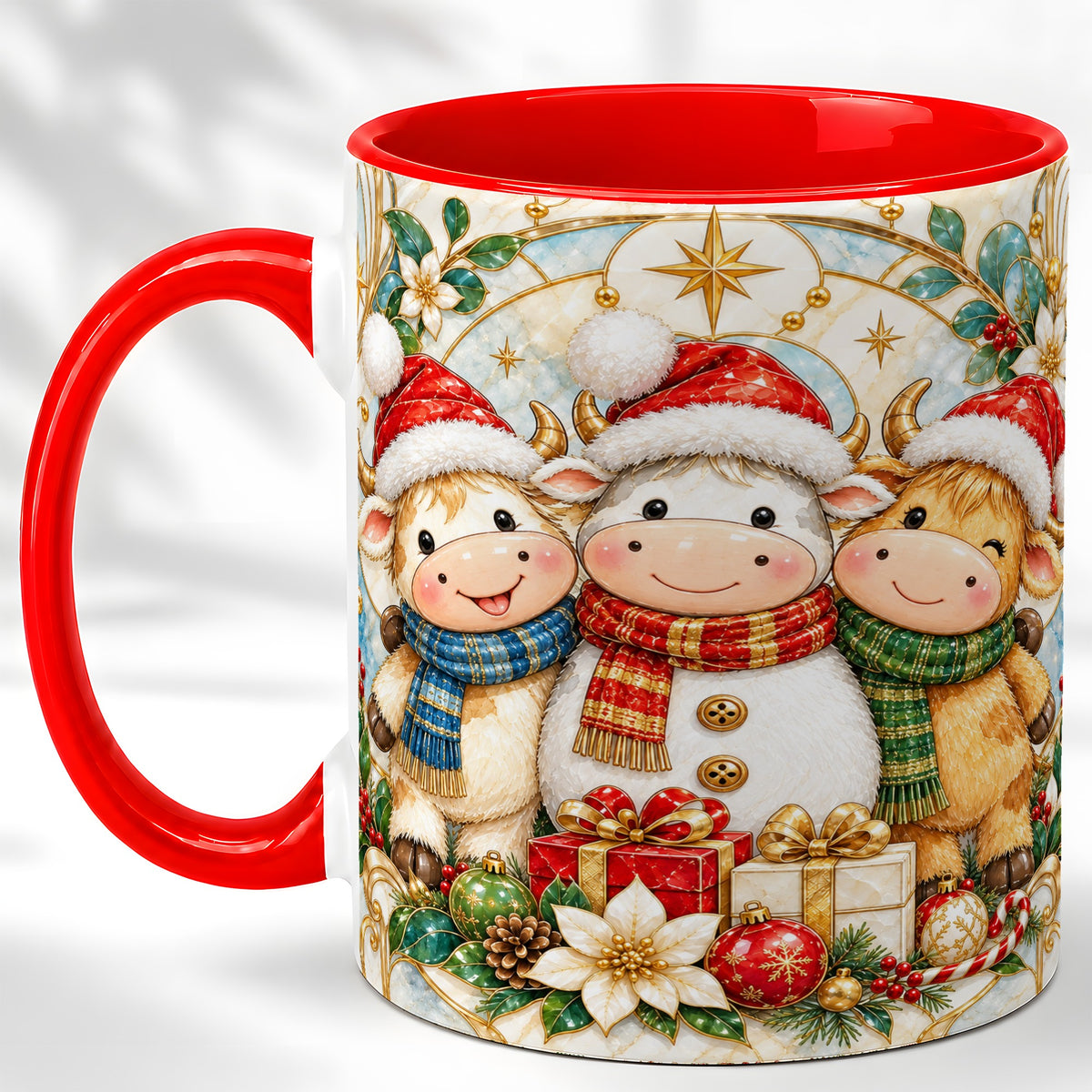 #pl[11oz|Red] Festive Highland Cow Trio Coffee Mug, Christmas Cow Mug, Ceramic Cup