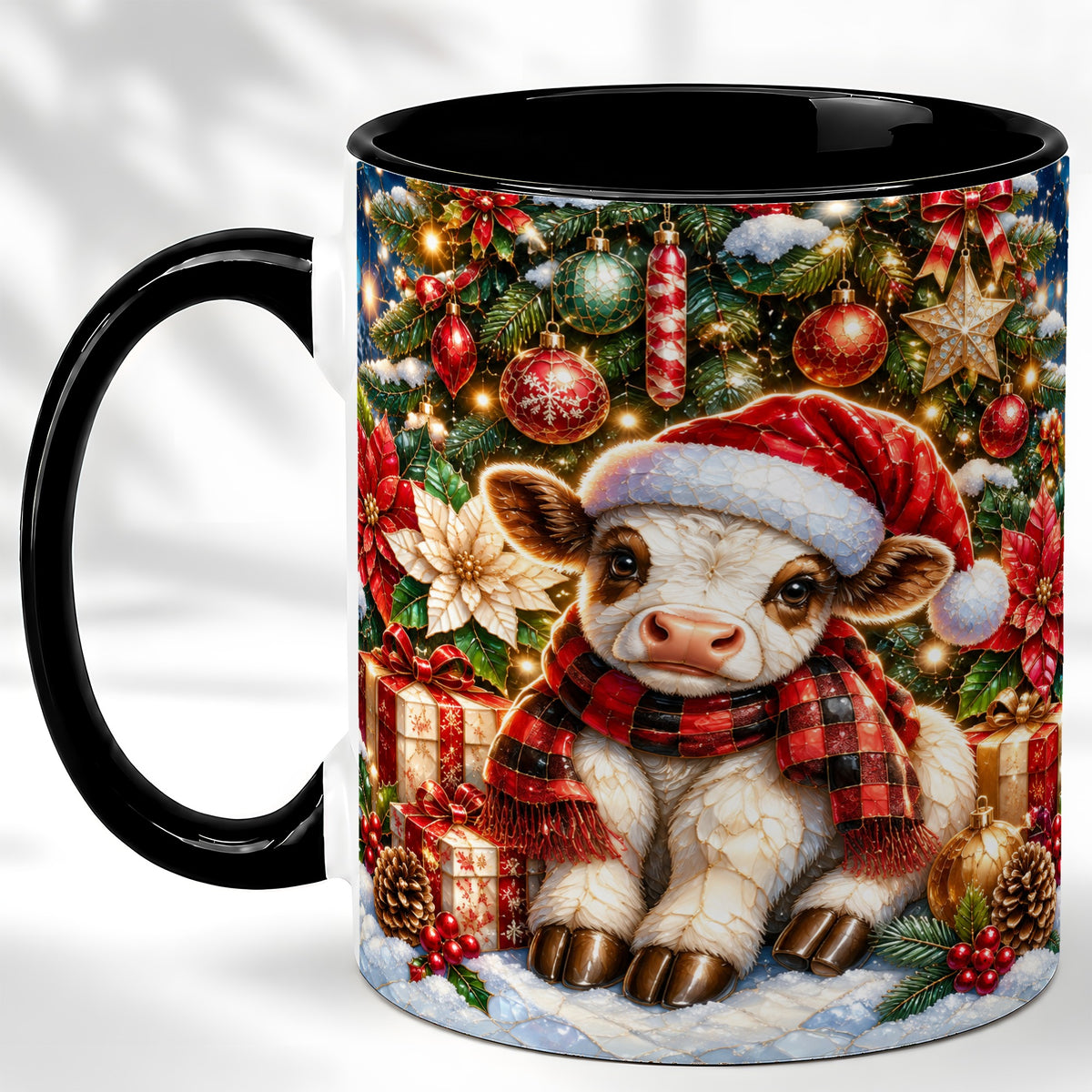 #pl[11oz|Black] Christmas Calf Coffee Mug, Festive Farm Animal Mug, Ceramic Cup