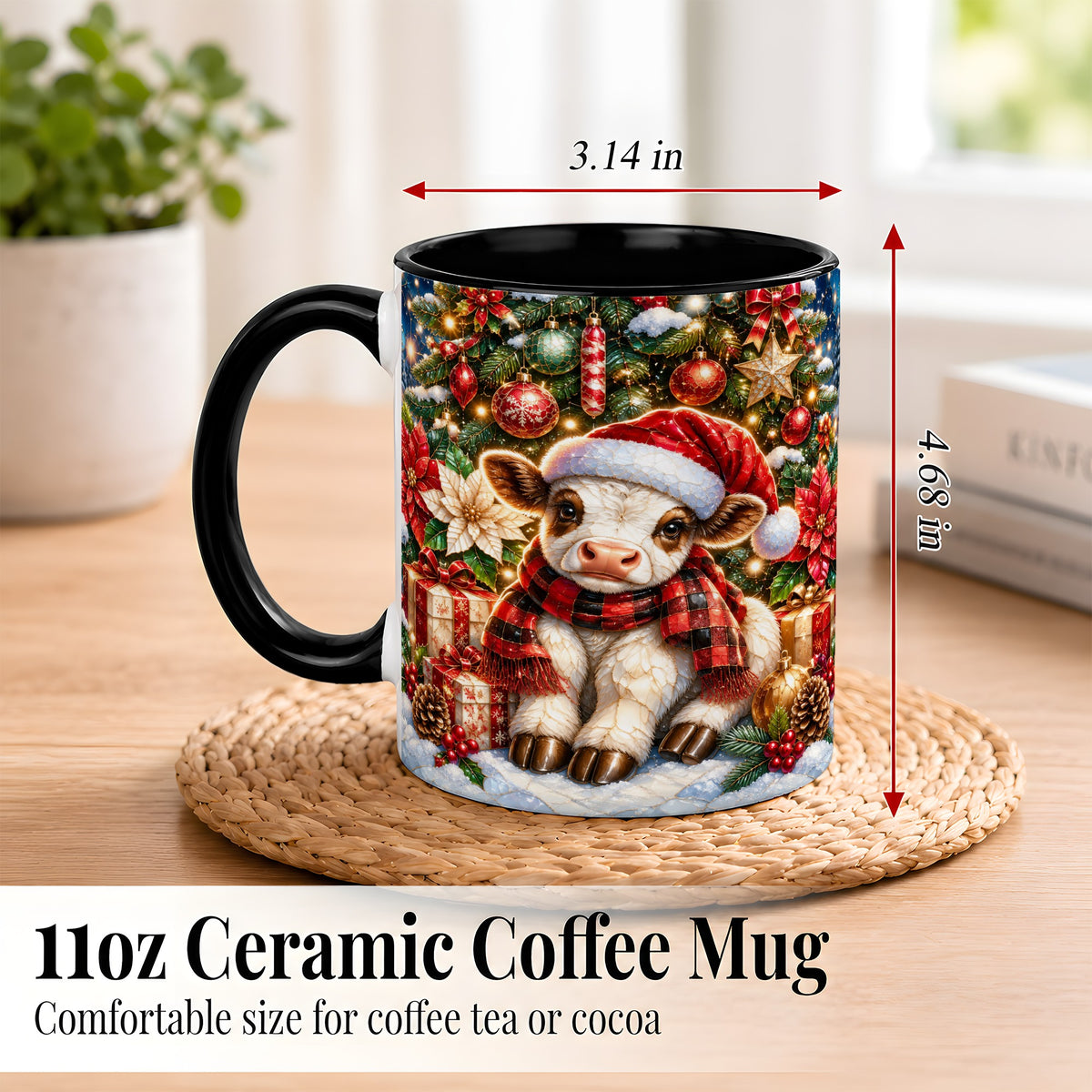 #pl[11oz|Black] Christmas Calf Coffee Mug, Festive Farm Animal Mug, Ceramic Cup
