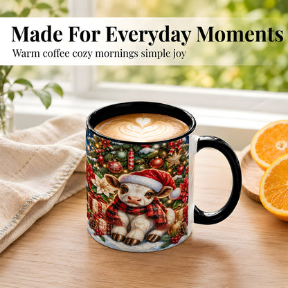 #pl[11oz|Black] Christmas Calf Coffee Mug, Festive Farm Animal Mug, Ceramic Cup