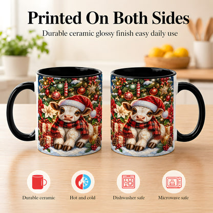 #pl[11oz|Black] Christmas Calf Coffee Mug, Festive Farm Animal Mug, Ceramic Cup
