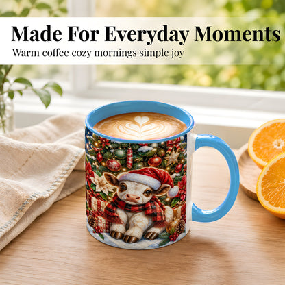 #pl[11oz|Blue] Christmas Calf Coffee Mug, Festive Farm Animal Mug, Ceramic Cup