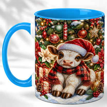 #pl[11oz|Blue] Christmas Calf Coffee Mug, Festive Farm Animal Mug, Ceramic Cup
