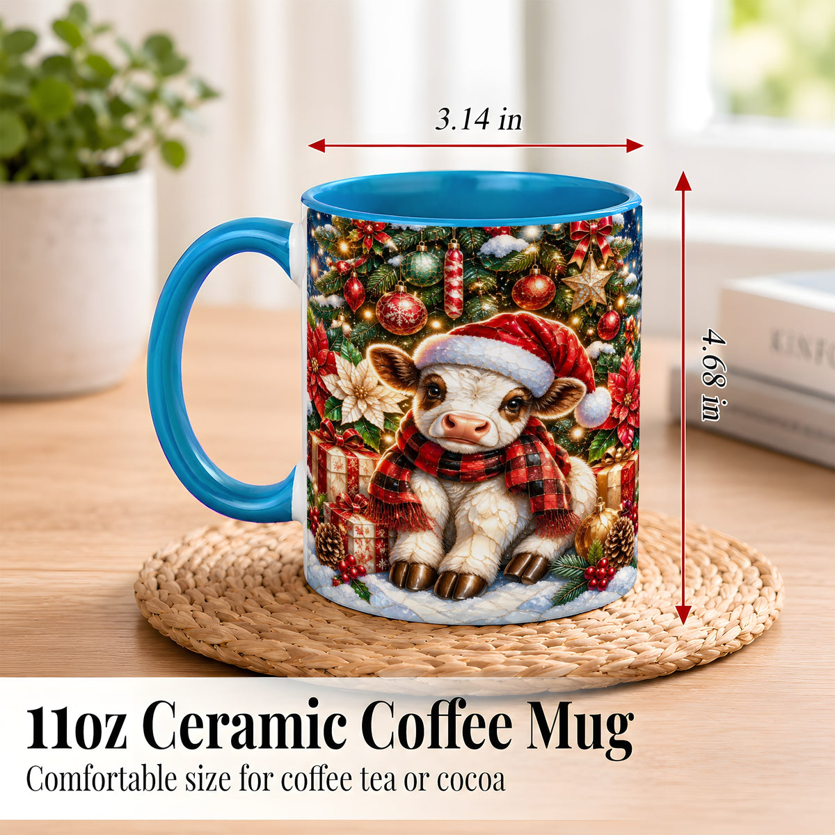 #pl[11oz|Blue] Christmas Calf Coffee Mug, Festive Farm Animal Mug, Ceramic Cup