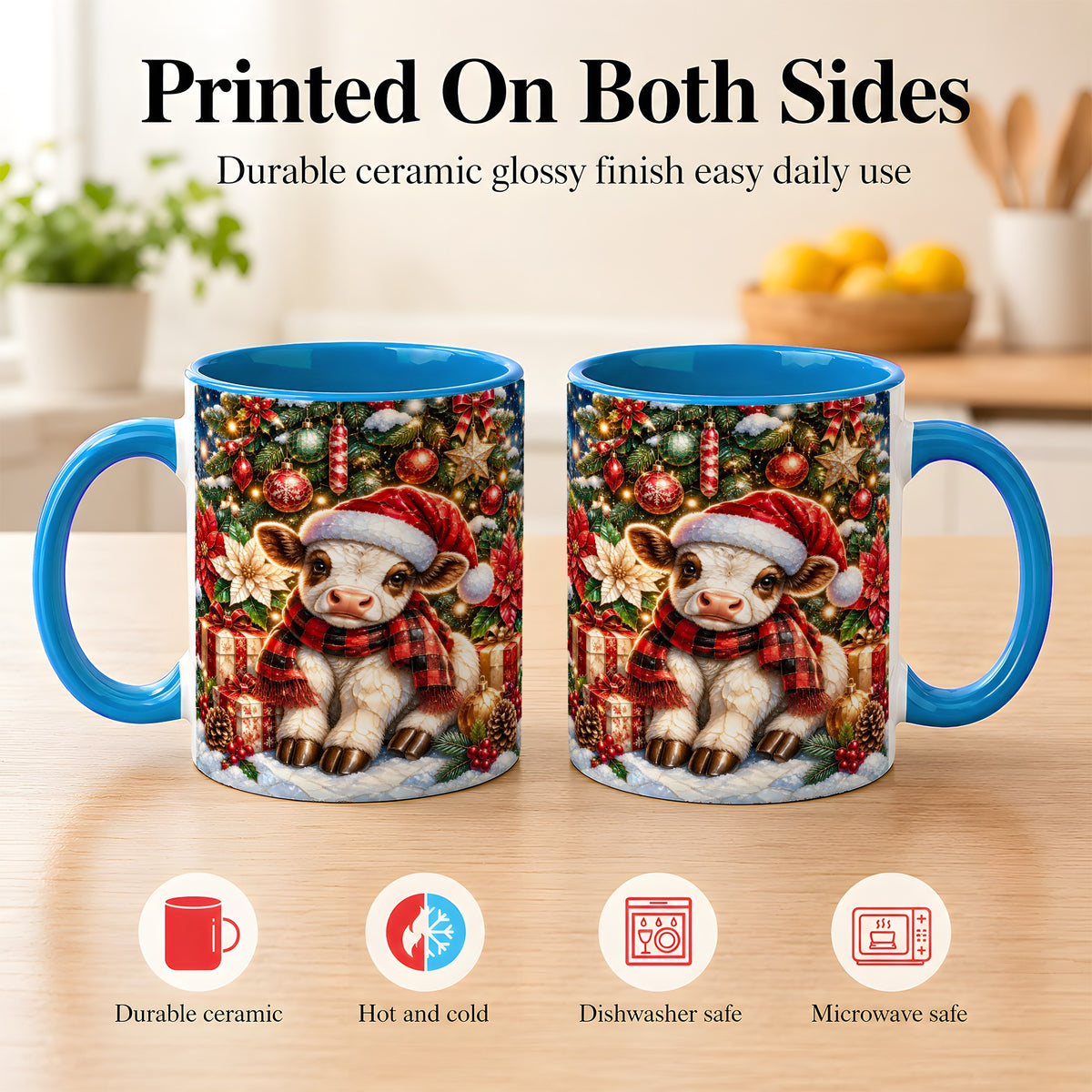 #pl[11oz|Blue] Christmas Calf Coffee Mug, Festive Farm Animal Mug, Ceramic Cup