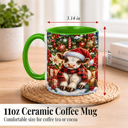 #pl[11oz|Green] Christmas Calf Coffee Mug, Festive Farm Animal Mug, Ceramic Cup