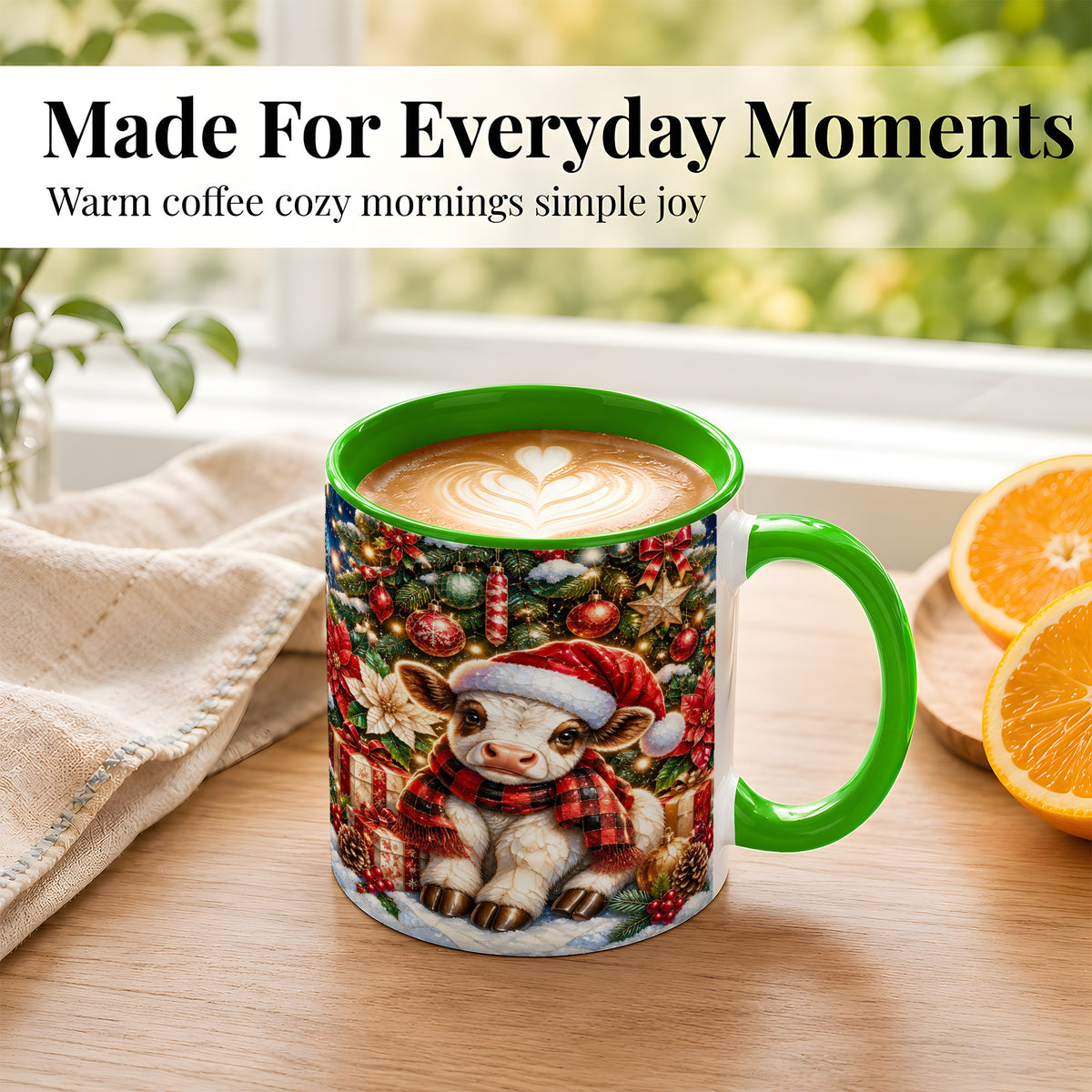 #pl[11oz|Green] Christmas Calf Coffee Mug, Festive Farm Animal Mug, Ceramic Cup