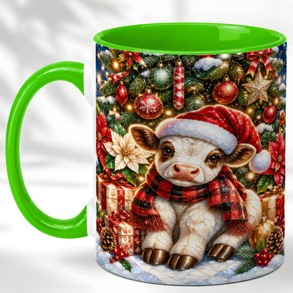#pl[11oz|Green] Christmas Calf Coffee Mug, Festive Farm Animal Mug, Ceramic Cup