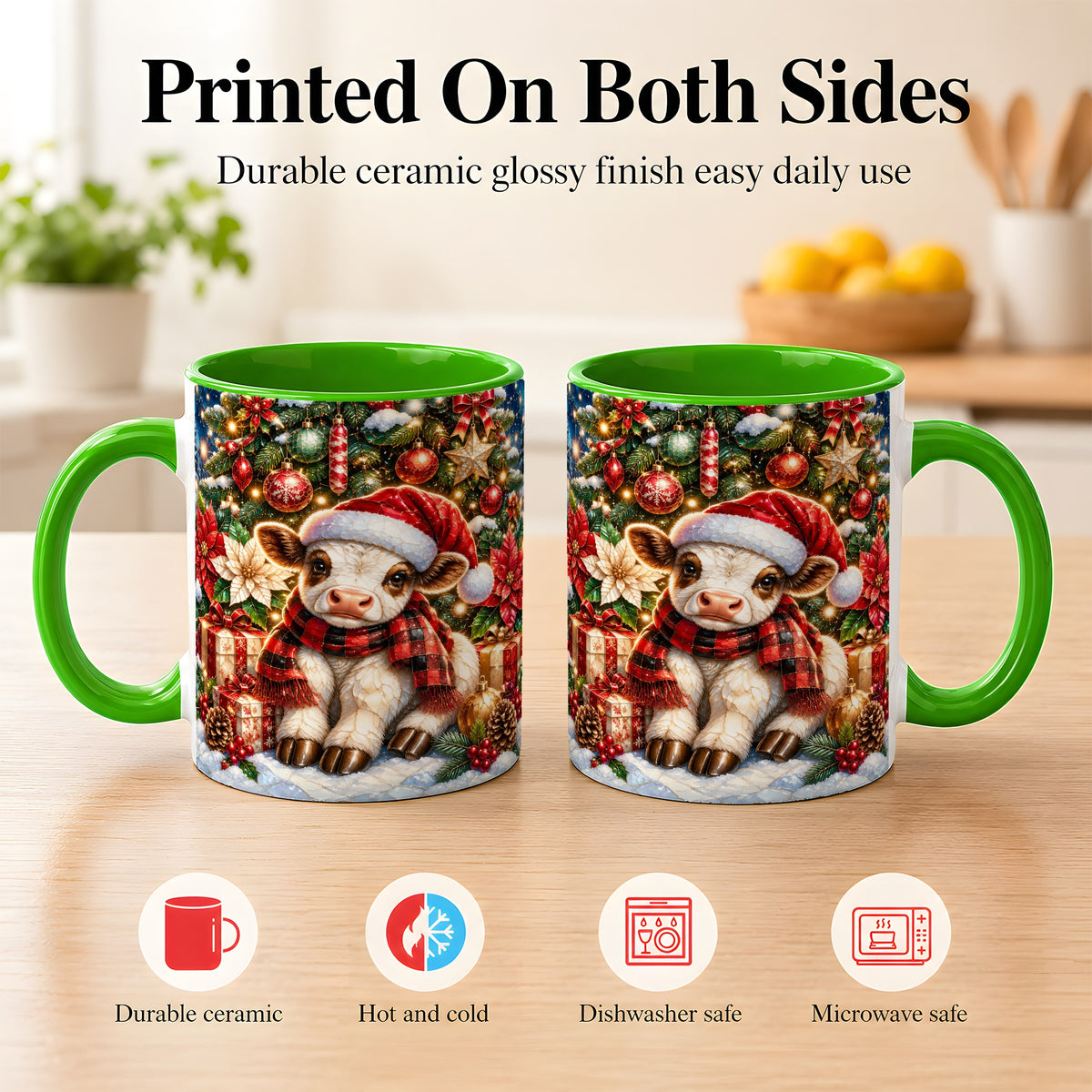 #pl[11oz|Green] Christmas Calf Coffee Mug, Festive Farm Animal Mug, Ceramic Cup