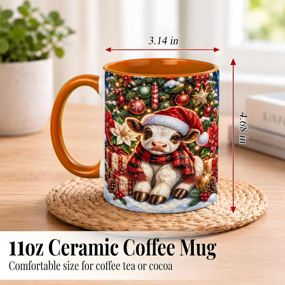 #pl[11oz|Orange] Christmas Calf Coffee Mug, Festive Farm Animal Mug, Ceramic Cup