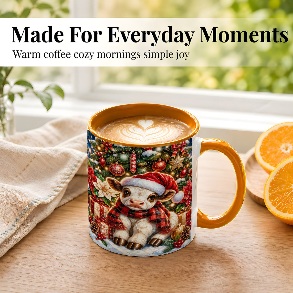 #pl[11oz|Orange] Christmas Calf Coffee Mug, Festive Farm Animal Mug, Ceramic Cup