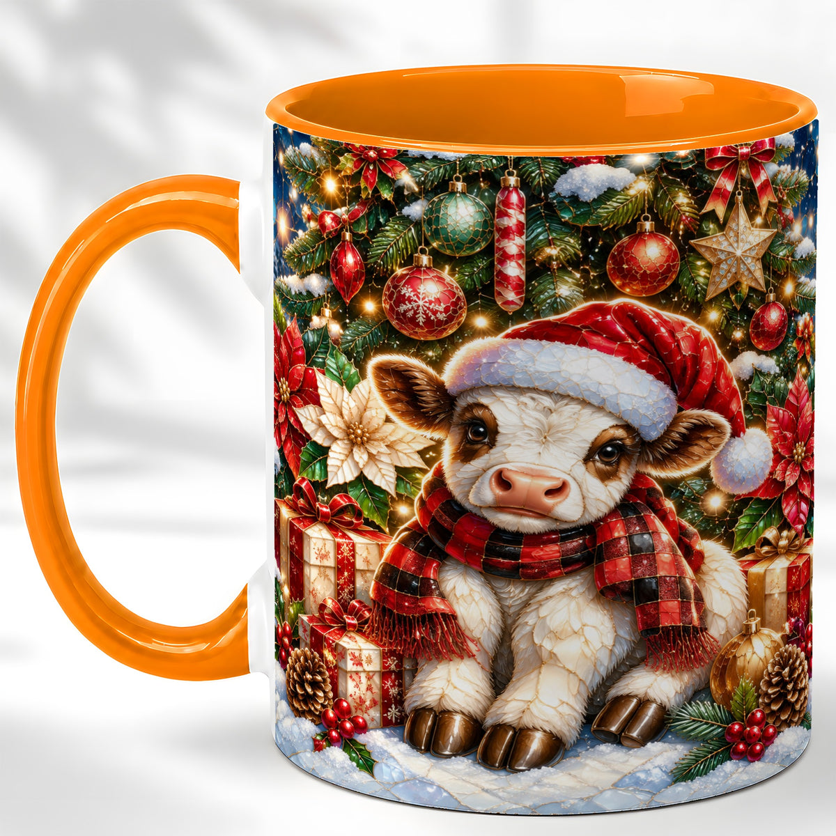 #pl[11oz|Orange] Christmas Calf Coffee Mug, Festive Farm Animal Mug, Ceramic Cup