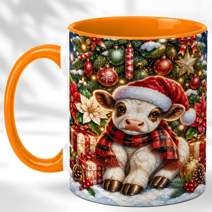 #pl[11oz|Orange] Christmas Calf Coffee Mug, Festive Farm Animal Mug, Ceramic Cup