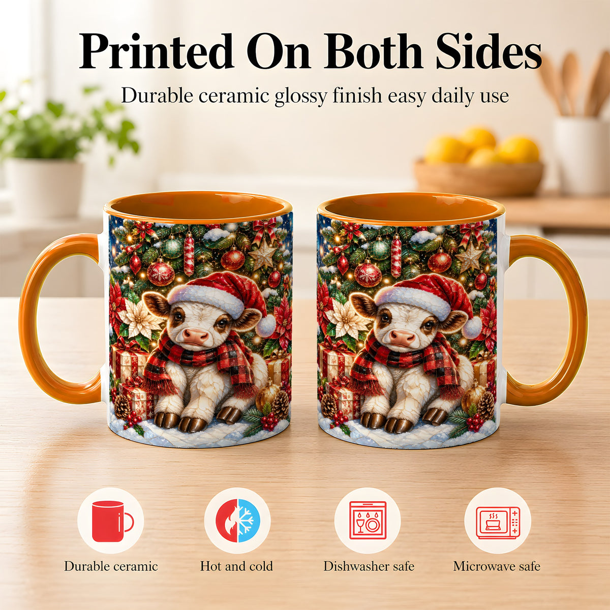 #pl[11oz|Orange] Christmas Calf Coffee Mug, Festive Farm Animal Mug, Ceramic Cup