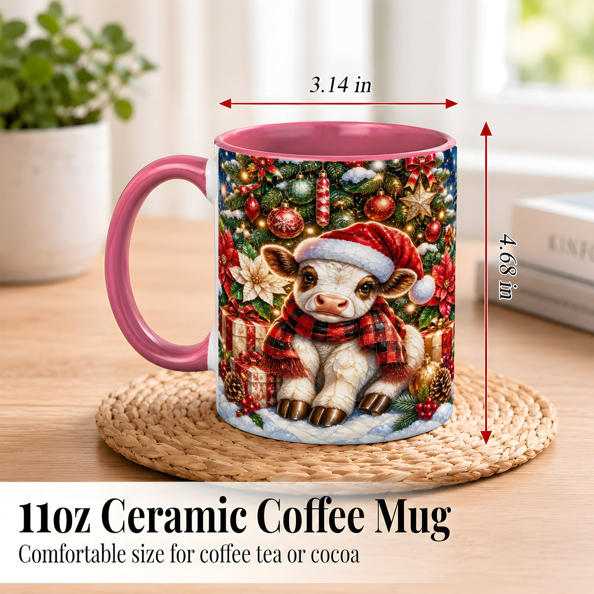 #pl[11oz|Pink] Christmas Calf Coffee Mug, Festive Farm Animal Mug, Ceramic Cup