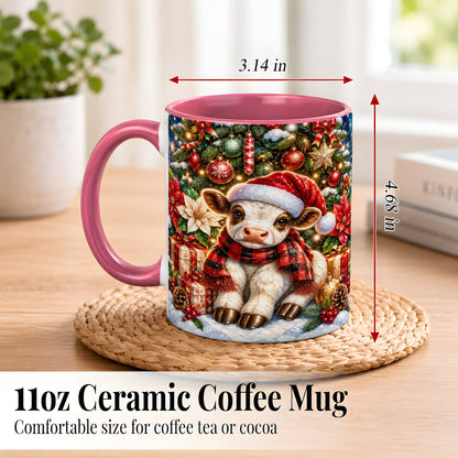 #pl[11oz|Pink] Christmas Calf Coffee Mug, Festive Farm Animal Mug, Ceramic Cup