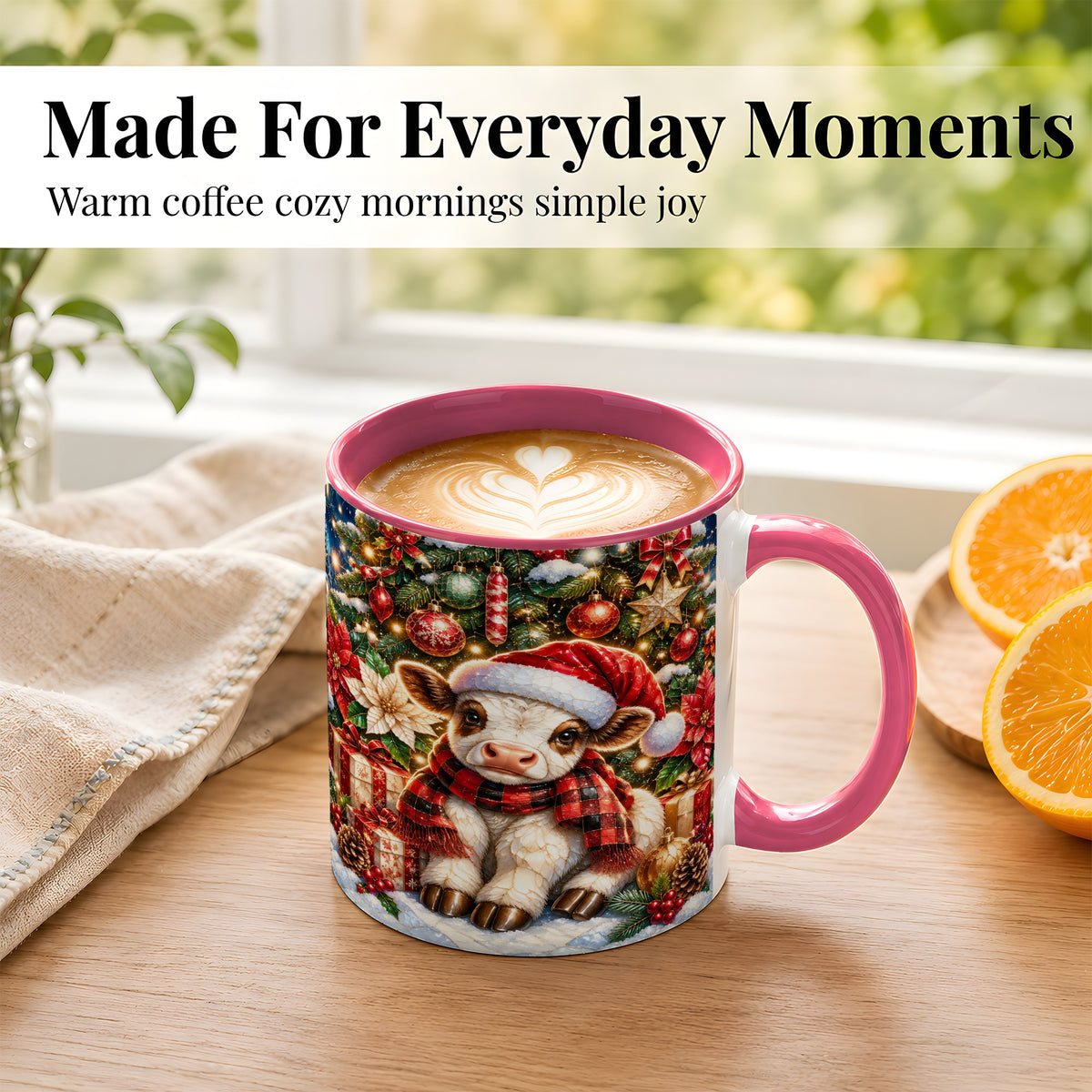 #pl[11oz|Pink] Christmas Calf Coffee Mug, Festive Farm Animal Mug, Ceramic Cup